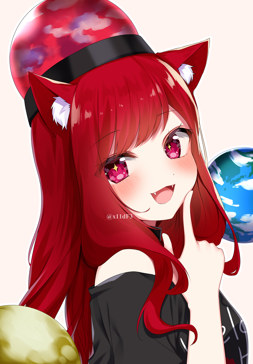 1girl animal_ear_fluff animal_ears bare_shoulders cat_ears cat_girl earth_(ornament) hecatia_lapislazuli highres long_hair moon_(ornament) open_mouth red_eyes redhead shinonome_asu simple_background smile solo touhou underworld_(ornament) white_background
