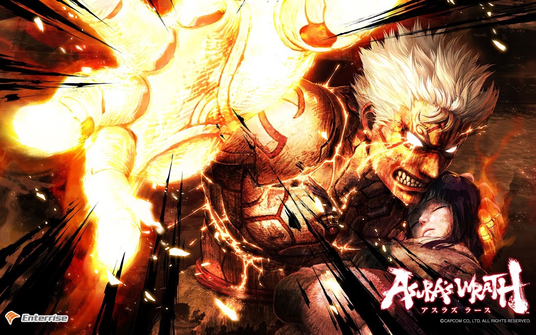 1boy 1girl angry asura's_wrath asura_(asura's_wrath) black_hair copyright_name cyborg fire glowing glowing_eyes glowing_hand logo male_focus muscular muscular_male official_art open_mouth short_hair teeth third-party_source white_hair