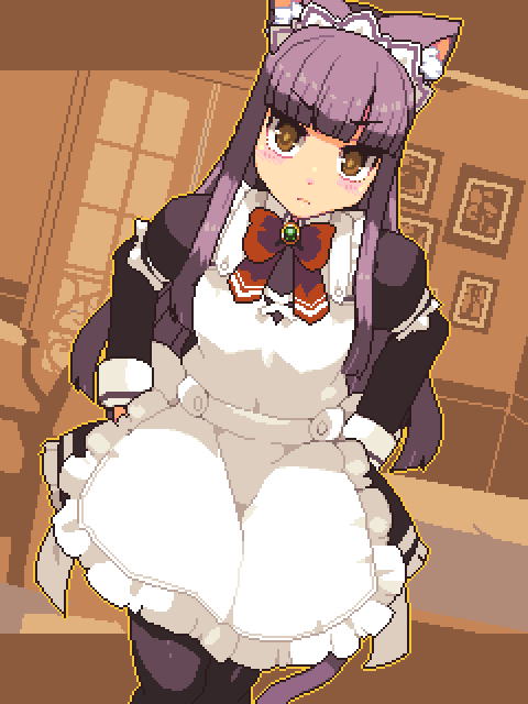 1girl animal_ear_fluff animal_ears apron armband blunt_bangs blush bow bowtie brown_eyes cat_ears cat_girl cat_tail closed_mouth dress hime_cut indoors juliet_sleeves lillithlauda long_hair long_sleeves looking_at_viewer maid maid_apron maid_headdress original outline pantyhose pixel_art puffy_sleeves purple_hair purple_pantyhose red_bow red_bowtie sidelocks solo tail v-shaped_eyebrows