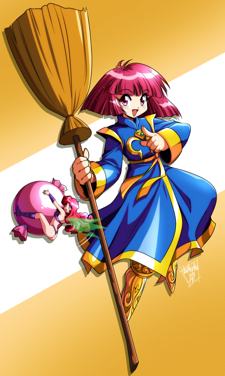 1990s_(style) 2girls blue_robe blunt_bangs bob_cut broom cotton_(character) cotton_(game) danmakuman fairy fairy_wings highres holding holding_broom long_hair long_sleeves looking_at_viewer multiple_girls open_mouth pointing pointing_at_viewer red_eyes redhead retro_artstyle robe short_hair signature silk_(cotton) simple_background size_difference smile wings yellow_footwear