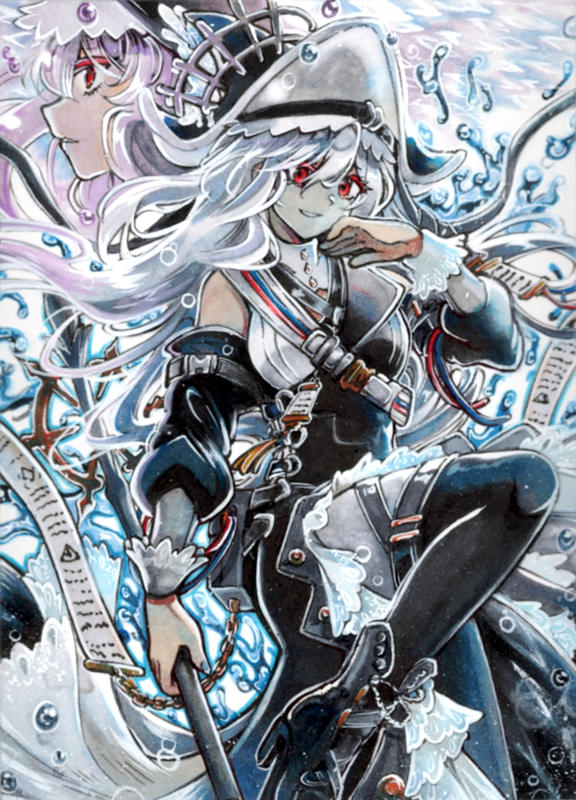 air_bubble alternate_form arknights belt_buckle black_dress black_footwear boots bubble buckle dress grey_hair hanging_scroll hat high_heel_boots high_heels long_hair looking_at_viewer pantyhose pirate_hat pointy_hat puffy_sleeves red_eyes ribbon scroll shoulder_strap specter_(arknights) specter_the_unchained_(arknights) thigh-highs thigh_strap thighhighs_over_pantyhose traditional_media underwear very_long_hair