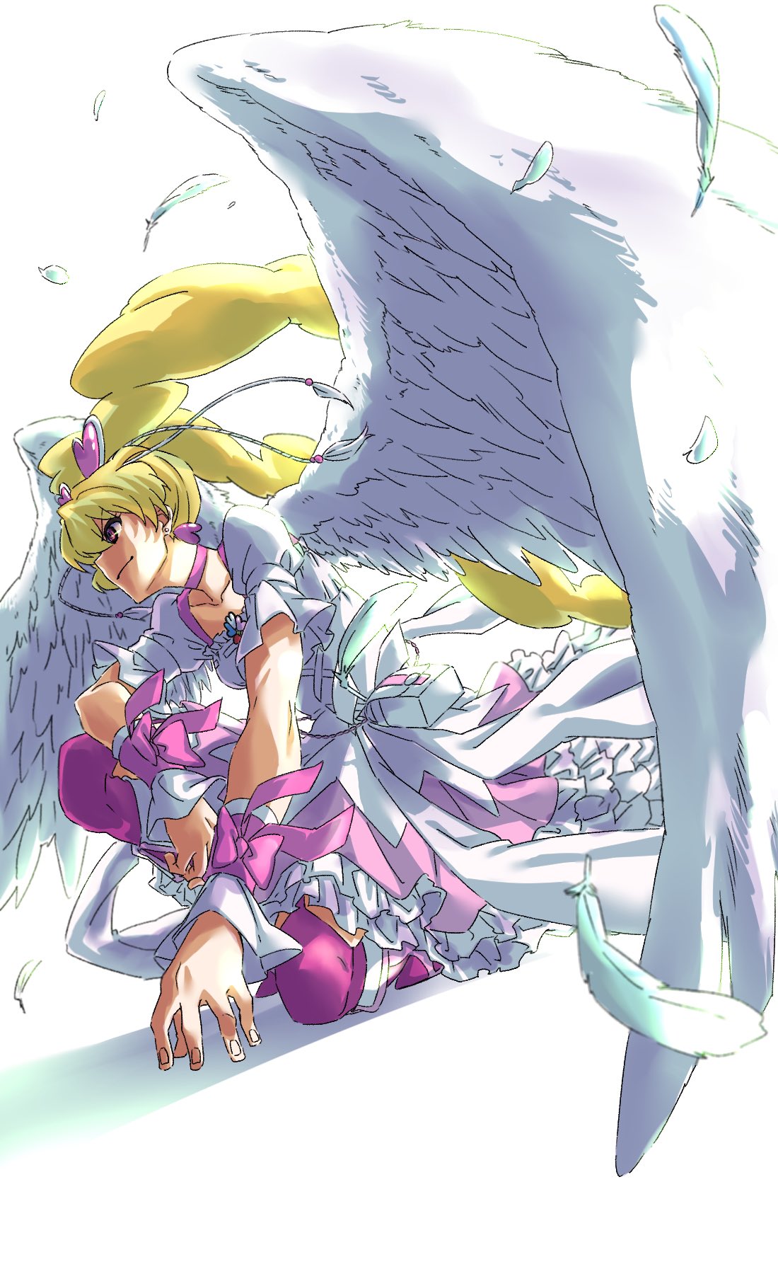 0ekqk1 1girl angel_wings backlighting blonde_hair boots cure_peach cure_peach_(angel) dress earrings feather_hair_ornament feathers foreshortening fresh_precure! from_side full_body hair_ornament heart heart_earrings heart_hair_ornament highres jewelry kneeling long_hair magical_girl momozono_love pink_background pink_thighhighs precure thigh-highs twintails white_background white_dress white_wings wings