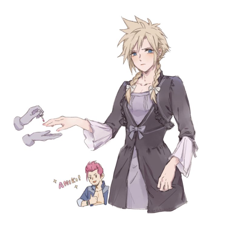 2boys blonde_hair blue_eyes blue_jacket blush bow bracelet braid clothes_grab cloud_strife commentary cropped_legs cropped_torso crossdressing dangle_earrings disembodied_limb dress earrings embarrassed final_fantasy final_fantasy_vii final_fantasy_vii_remake frilled_sleeves frills furrowed_brow grey_bow grey_dress hair_bow hand_up jacket jewelry johnny_(ff7) light_frown long_sleeves looking_at_another looking_to_the_side male_focus maoli45222137 mohawk multiple_boys nail_polish open_clothes open_jacket open_mouth painting_nails pink_nails redhead short_hair_with_long_locks simple_background smile spiky_hair symbol-only_commentary thumbs_up translated twin_braids upper_body white_background white_bow