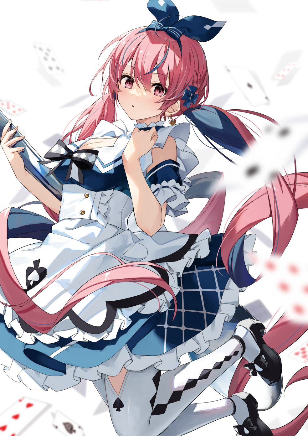 1girl blue_hair bow_hairband colored_inner_hair dress frilled_dress frills hair_between_eyes hair_ribbon hairband highres hololive long_hair looking_at_viewer minato_aqua multicolored_hair pink_hair ribbon solo twintails two-tone_hair very_long_hair virtual_youtuber yon_(letter)