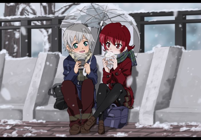1boy 1girl bag black_pantyhose cup food full_body fumiko_(mesushi) holding holding_umbrella iria_animi letterboxed open_mouth pantyhose pleated_skirt ruca_milda scarf school_bag short_hair sitting skirt smile snow snowing tales_of_(series) tales_of_innocence umbrella