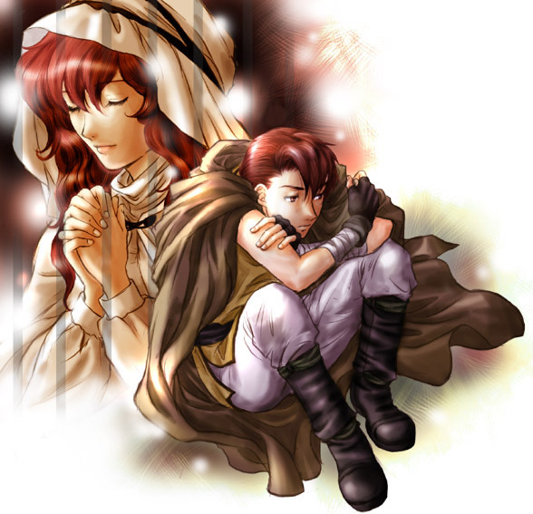 1boy 1girl black_footwear brown_cape cape closed_eyes fire_emblem fire_emblem:_mystery_of_the_emblem fire_emblem:_shadow_dragon_and_the_blade_of_light hood julian_(fire_emblem) lena_(fire_emblem) own_hands_together pants red_eyes redhead sitting smile usachu_now white_hood white_pants zoom_layer