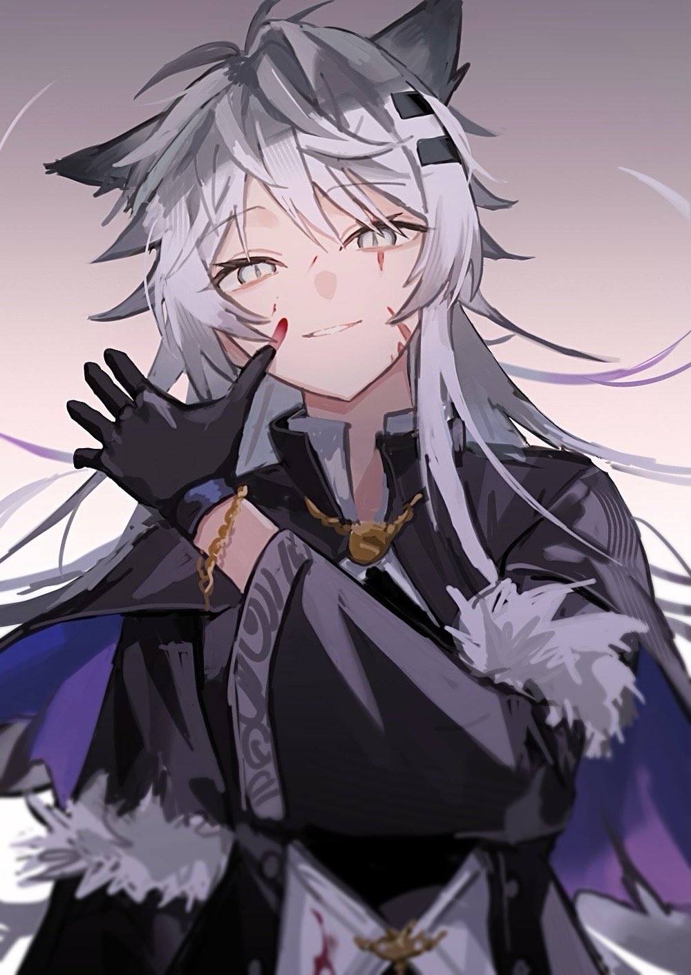 1girl animal_ears arknights black_coat black_gloves blood blood_on_face coat gloves grey_eyes grey_hair hair_ornament hairclip highres hishoti_cheese lappland_(arknights) lappland_(refined_horrormare)_(arknights) long_hair long_sleeves looking_at_viewer official_alternate_costume open_clothes scar scar_across_eye shirt smile solo wolf_ears wolf_girl