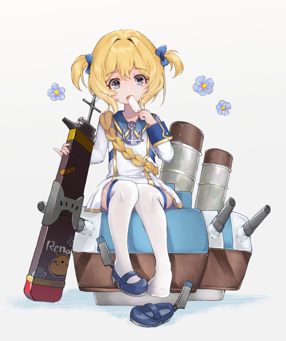 1girl azur_lane blonde_hair blue_flower blue_footwear blue_ribbon dress flower food funnel green_eyes hair_intakes hair_ribbon hands_up holding holding_food holding_popsicle little_renown_(azur_lane) long_sleeves looking_at_viewer manjuu_(azur_lane) mary_janes monidare popsicle ribbon shoes short_dress short_hair signature simple_background sitting solo thigh-highs turret two_side_up white_background white_dress white_thighhighs