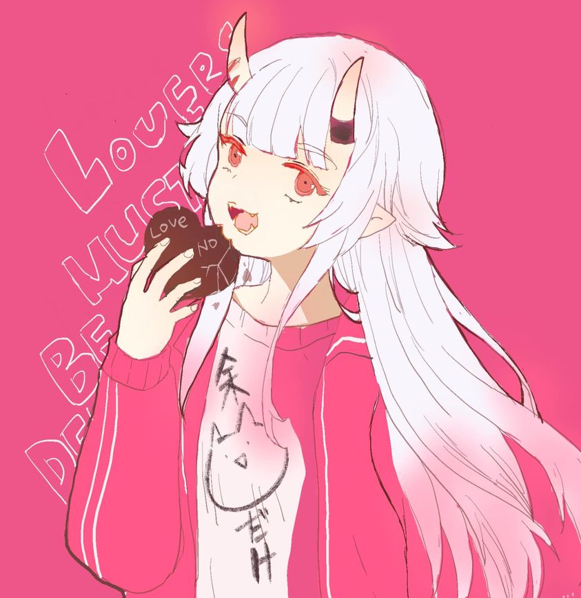 1girl :d candy chocolate clothes_writing english_text fangs food grey_hair hand_up heart heart-shaped_chocolate holding holding_food hololive horns jacket long_hair long_sleeves looking_at_viewer lunacats nakiri_ayame nakiri_ayame_(7th_costume) official_alternate_costume oni pink_background pink_jacket pointy_ears puffy_long_sleeves puffy_sleeves red_eyes shirt simple_background smile solo text_background track_jacket very_long_hair virtual_youtuber white_shirt