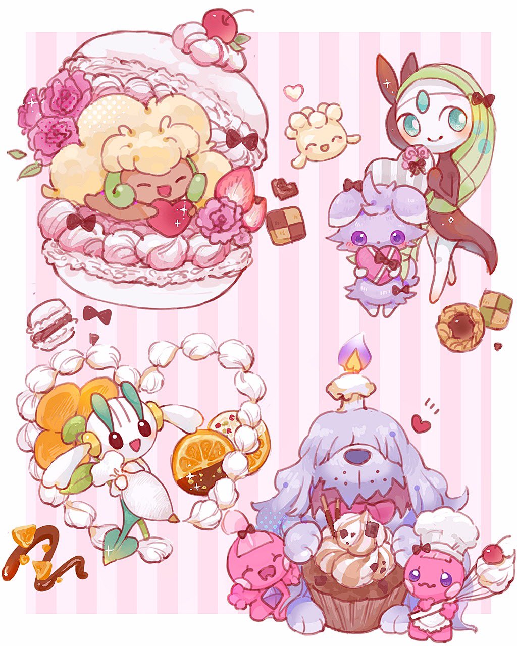 :d aqua_eyes border box bright_pupils cherry chocolate closed_eyes closed_mouth colored_skin commentary_request cream cupcake curled_horns dark_skin dog espurr fangs fire floette flower food freckles fruit greavard grey_fur heart heart-shaped_box highres holding holding_whisk horns hyoudo_(d2_isu) macaron meloetta milcery no_humans notice_lines open_mouth outside_border pink_background pink_flower pink_skin pokemon pokemon_(creature) purple_fire skin_fangs smile sparkle strawberry striped_background tinkatink two-tone_background violet_eyes wavy_mouth whimsicott whisk white_background white_border white_pupils