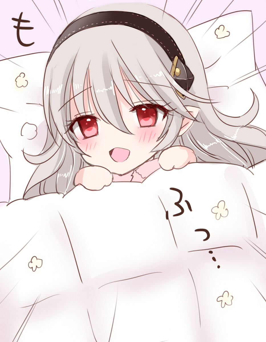1girl :d black_hairband blush chibi corrin_(female)_(fire_emblem) corrin_(fire_emblem) emphasis_lines fire_emblem fire_emblem_fates grey_hair hair_between_eyes hairband hands_up highres kirishima_riona long_hair looking_at_viewer pillow pink_background pointy_ears red_eyes simple_background smile solo under_covers
