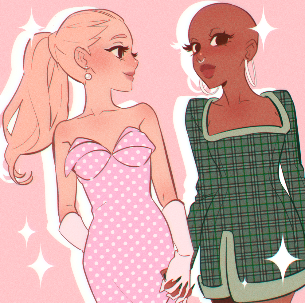 2girls animification ariana_grande bald bald_girl bare_shoulders black_eyes blonde_hair blush cynthia_erivo dark-skinned_female dark_skin dress earrings fingernails gloves green_nails hair_behind_ear holding_hands hoop_earrings jewelry looking_at_another looking_at_viewer multiple_girls nose_piercing nose_ring pearl_earrings piercing pink_dress pirorin21century plaid plaid_dress polka_dot polka_dot_dress real_life sharp_fingernails smile sparkle thick_lips unmoving_pattern white_eyeshadow white_gloves