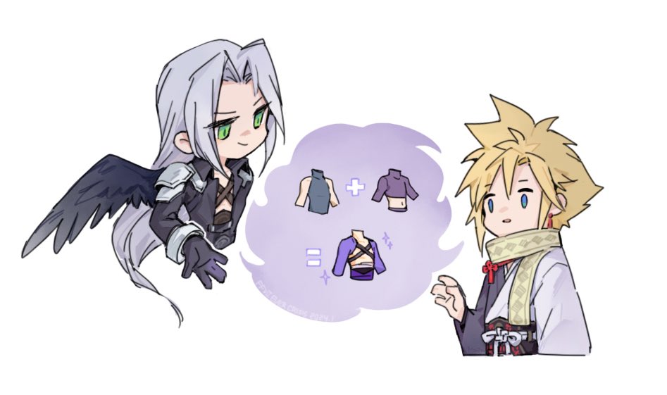 2boys armor belt black_coat black_gloves black_sash black_wings blonde_hair blue_eyes chest_strap chibi cloud_strife cloud_strife_(official_festive_garb) coat commentary copyright_name cropped_torso earrings evil_smile feathered_wings final_fantasy final_fantasy_vii final_fantasy_vii_ever_crisis gloves green_eyes grey_hair hand_up high_collar japanese_clothes jewelry kimono long_hair long_sleeves male_focus maoli45222137 multiple_boys official_alternate_costume open_clothes open_coat open_mouth parted_bangs pauldrons red_tassel ribbon sash scarf sephiroth sephiroth_(celebratory_garb) short_hair shoulder_armor simple_background single_wing smile solo spiky_hair symbol-only_commentary tassel tassel_earrings upper_body white_background white_ribbon wings yellow_scarf