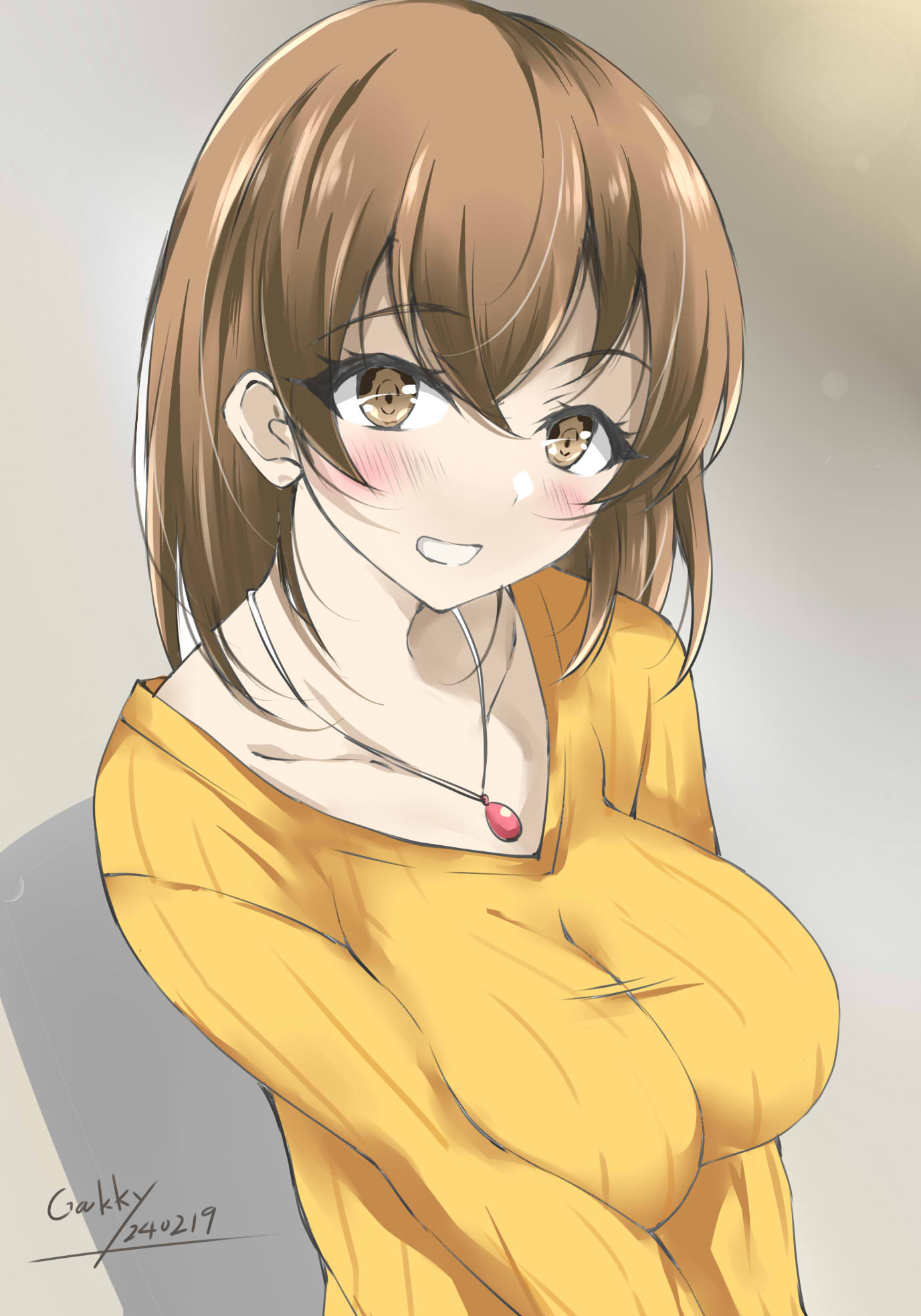 1girl artist_name breasts breasts_squeezed_together brown_eyes brown_hair dated gakky highres hiryuu_(kancolle) jewelry kantai_collection large_breasts looking_at_viewer necklace official_alternate_costume one-hour_drawing_challenge parted_lips smile solo sweater upper_body yellow_sweater