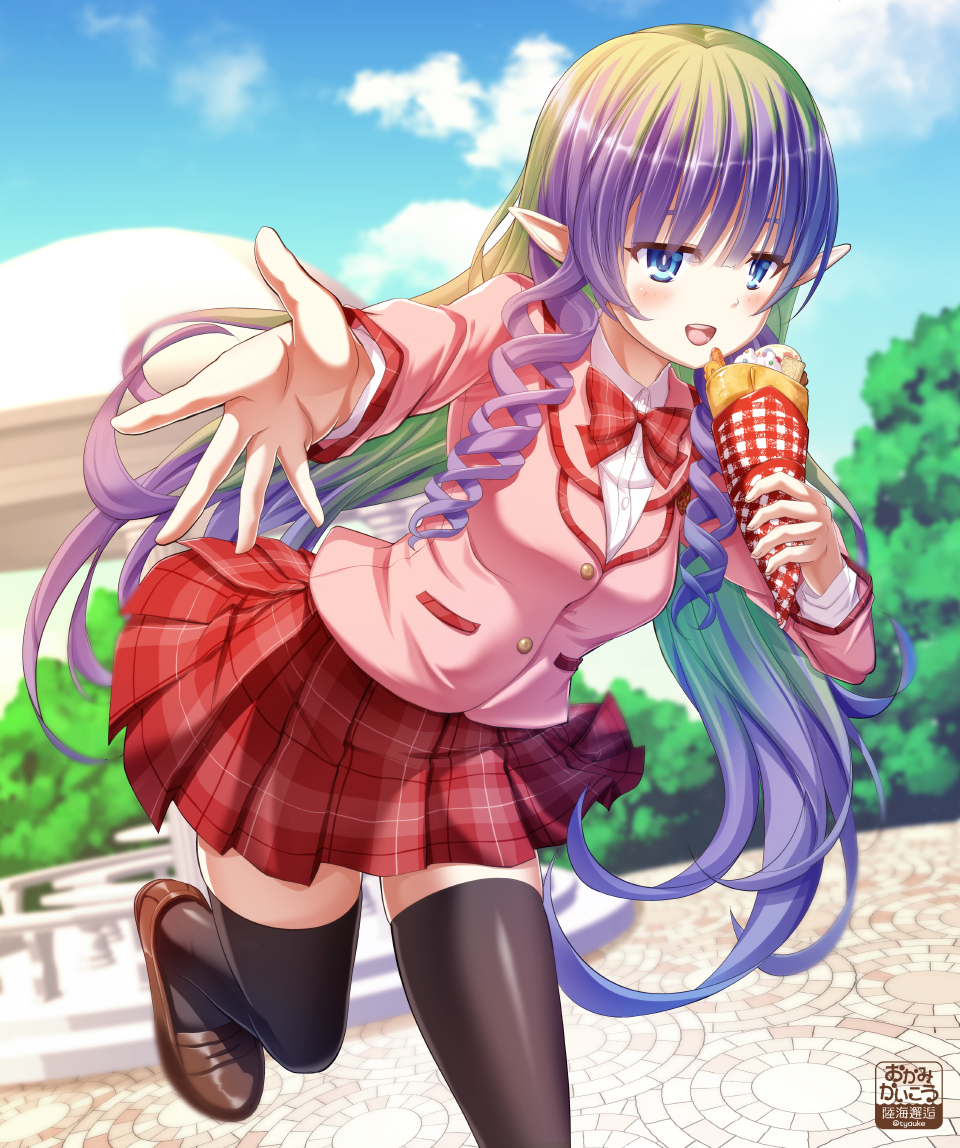 1girl ameth_(princess_connect!) black_thighhighs blazer blue_eyes blunt_bangs bow bowtie brown_footwear buttons chauke collared_shirt crepe drill_hair drill_sidelocks food food_wrapper green_hair holding holding_food jacket long_hair multicolored_hair pleated_skirt pointy_ears princess_connect! purple_hair red_bow red_bowtie red_skirt ringlets school_uniform shirt shoes sidelocks skirt solo thigh-highs two-tone_hair very_long_hair