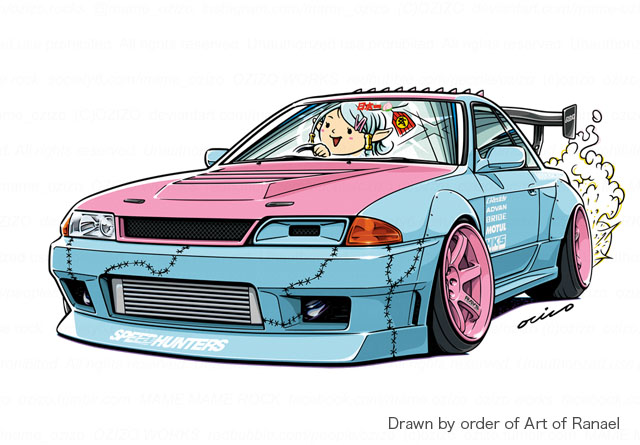 1girl advan black_eyes blue_hair bride_(brand) commission english_commentary hair_behind_ear hks mixed-language_commentary motul_(company) nissan nissan_skyline nissan_skyline_gt-r nissan_skyline_r32 no_humans open_mouth original ozizo pointy_ears signature simple_background smile smoke solo spoiler_(automobile) sponsor stance_(vehicle) vehicle_focus