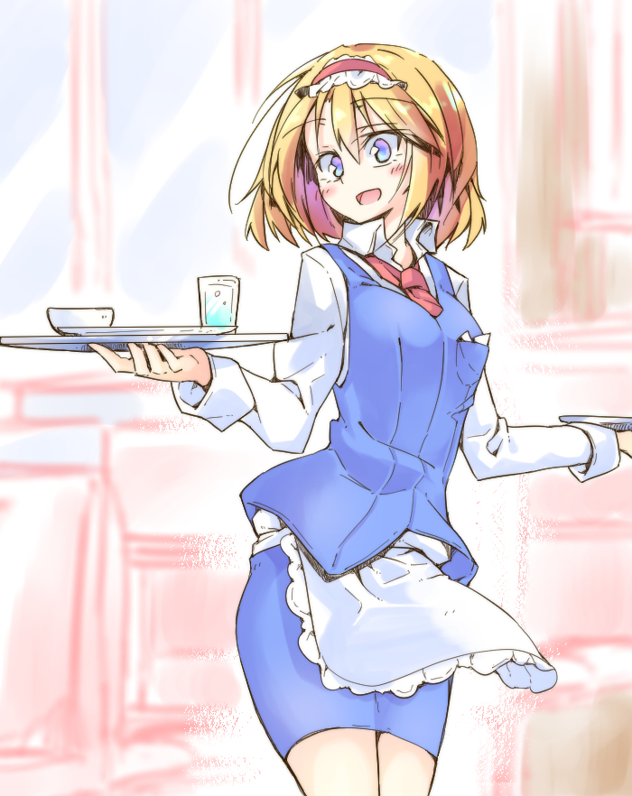 1girl alice_margatroid alternate_costume apron blonde_hair blue_eyes blue_vest blush collared_shirt commentary_request cup dondyuruma drinking_glass frilled_hairband frills hairband holding holding_tray lolita_hairband long_sleeves looking_at_viewer medium_hair necktie open_mouth plate red_hairband red_necktie shirt smile solo touhou tray vest waist_apron waitress white_shirt