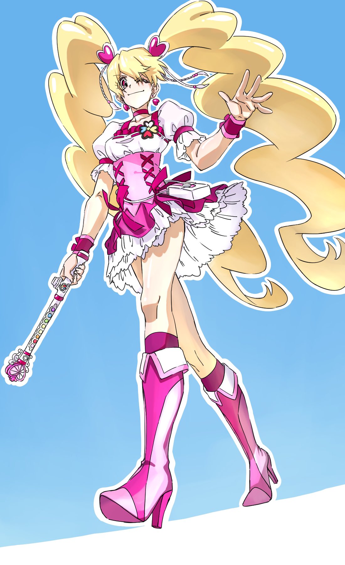 0ekqk1 1girl blonde_hair blue_background boots cure_peach dress earrings fresh_precure! from_below full_body hair_ornament hand_up heart heart_earrings heart_hair_ornament high_heel_boots high_heels highres holding holding_wand jewelry long_hair magical_girl momozono_love one_eye_closed peach_rod pink_dress pink_eyes pink_footwear precure puffy_sleeves solo twintails walking wand waves wrist_cuffs