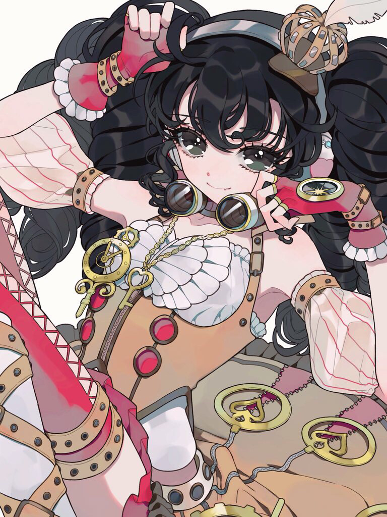 1girl ao_(ao0_0nemu) bad_id bad_pixiv_id bare_shoulders black_eyes black_hair breasts brown_dress closed_mouth cowboy_shot crown detached_sleeves dress gaaruru_(pripara) gloves goggles goggles_around_neck hands_up headphones jewelry key key_necklace knees_up long_hair looking_at_viewer necklace pink_gloves pretty_series pripara puffy_detached_sleeves puffy_sleeves simple_background sitting sleeveless sleeveless_dress small_breasts smile solo steampunk twintails white_background