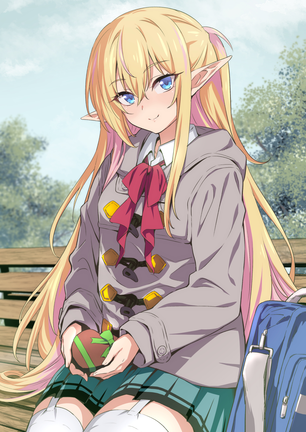 1girl bag bench blonde_hair blue_bag blue_eyes blue_sky bow bowtie box closed_mouth clouds coat collared_shirt colored_skin commentary_request day elf garter_straps gift gift_box green_skin grey_coat hair_between_eyes heart heart-shaped_box highres holding holding_box long_hair long_sleeves looking_at_viewer nakahira_guy on_bench original outdoors pointy_ears red_bow red_bowtie shirt sitting sky smile solo thigh-highs valentine white_garter_straps white_shirt white_thighhighs zettai_ryouiki