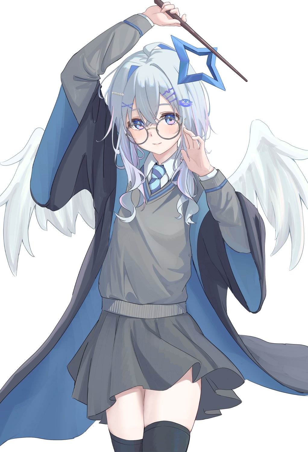 1girl amane_kanata blue_hair casyu_nut colored_inner_hair grey_hair hair_ornament halo harry_potter_(series) hashtag_only_commentary highres hogwarts_school_uniform hololive long_hair looking_at_viewer multicolored_hair school_uniform smile solo star_halo violet_eyes virtual_youtuber wand wings wizarding_world