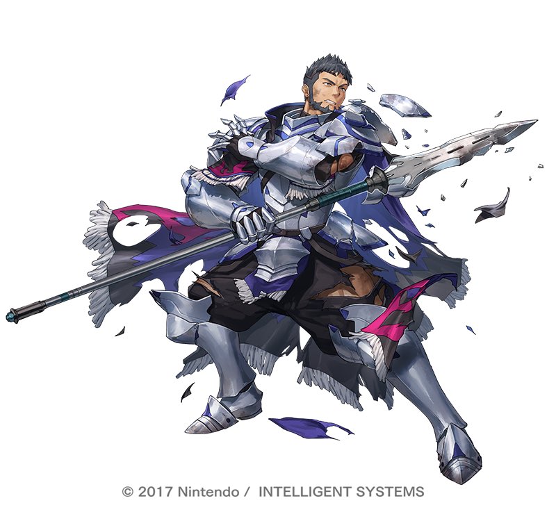 1boy armor beard boots broken_armor cape company_name copyright_name dai-xt dirty facial_hair fighting_stance fire_emblem fire_emblem_engage fire_emblem_heroes front_skirt_armor frown gauntlets grey_hair injury lance looking_at_viewer male_focus manly mature_male mauvier_(fire_emblem) nintendo official_art pants polearm short_hair shoulder_armor simple_background solo teeth torn_clothes torn_pants weapon white_background