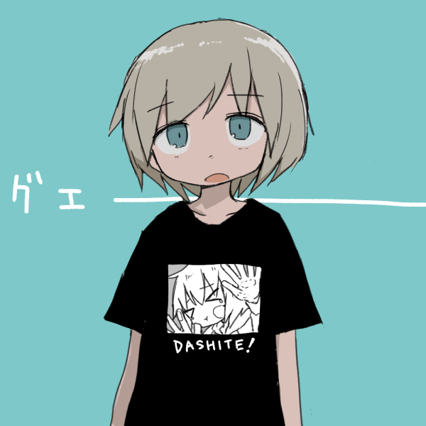 &gt;_&lt; 1other :t against_glass androgynous aqua_background aqua_eyes arms_at_sides bad_id bad_twitter_id black_shirt blonde_hair clothes_writing looking_at_viewer open_mouth original romaji_text shirt short_hair short_sleeves simple_background solo straight-on t-shirt translation_request umi_ha_kirai upper_body