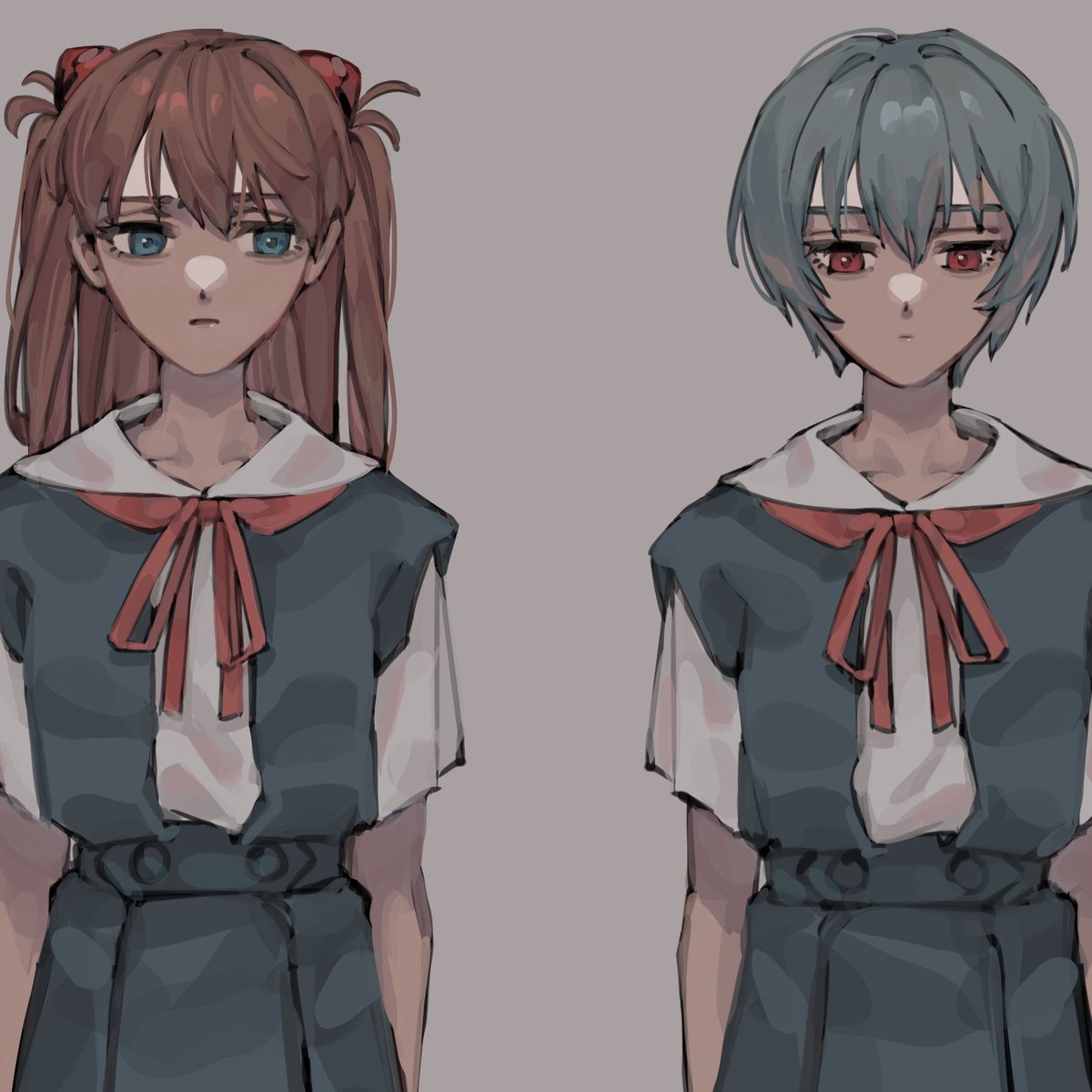 2girls ayanami_rei bad_id bad_twitter_id blue_eyes clenched_hands closed_mouth commentary_request grey_background hair_between_eyes hair_ornament hair_ribbon highres interface_headset long_hair looking_at_another looking_down multiple_girls neck_ribbon neon_genesis_evangelion orange_hair red_eyes red_ribbon ribbon school_uniform short_hair short_sleeves simple_background skirt souryuu_asuka_langley ulov390