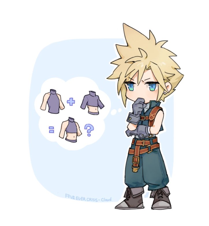 1boy ? belt blonde_hair blue_background blue_eyes blue_gloves blue_pants blue_vest boots character_name chest_strap chibi cloud_strife cloud_strife_(zidane's_outfit) commentary copyright_name crop_top cropped_vest earrings final_fantasy final_fantasy_vii final_fantasy_vii_ever_crisis full_body furrowed_brow gloves grey_footwear hand_to_own_mouth hands_up high_collar jewelry leather_belt male_focus maoli45222137 multiple_belts official_alternate_costume outline pants puffy_pants shirt short_hair shoulder_belt simple_background sleeveless sleeveless_turtleneck solo spiky_hair standing stud_earrings symbol-only_commentary thought_bubble turtleneck vest white_outline white_shirt