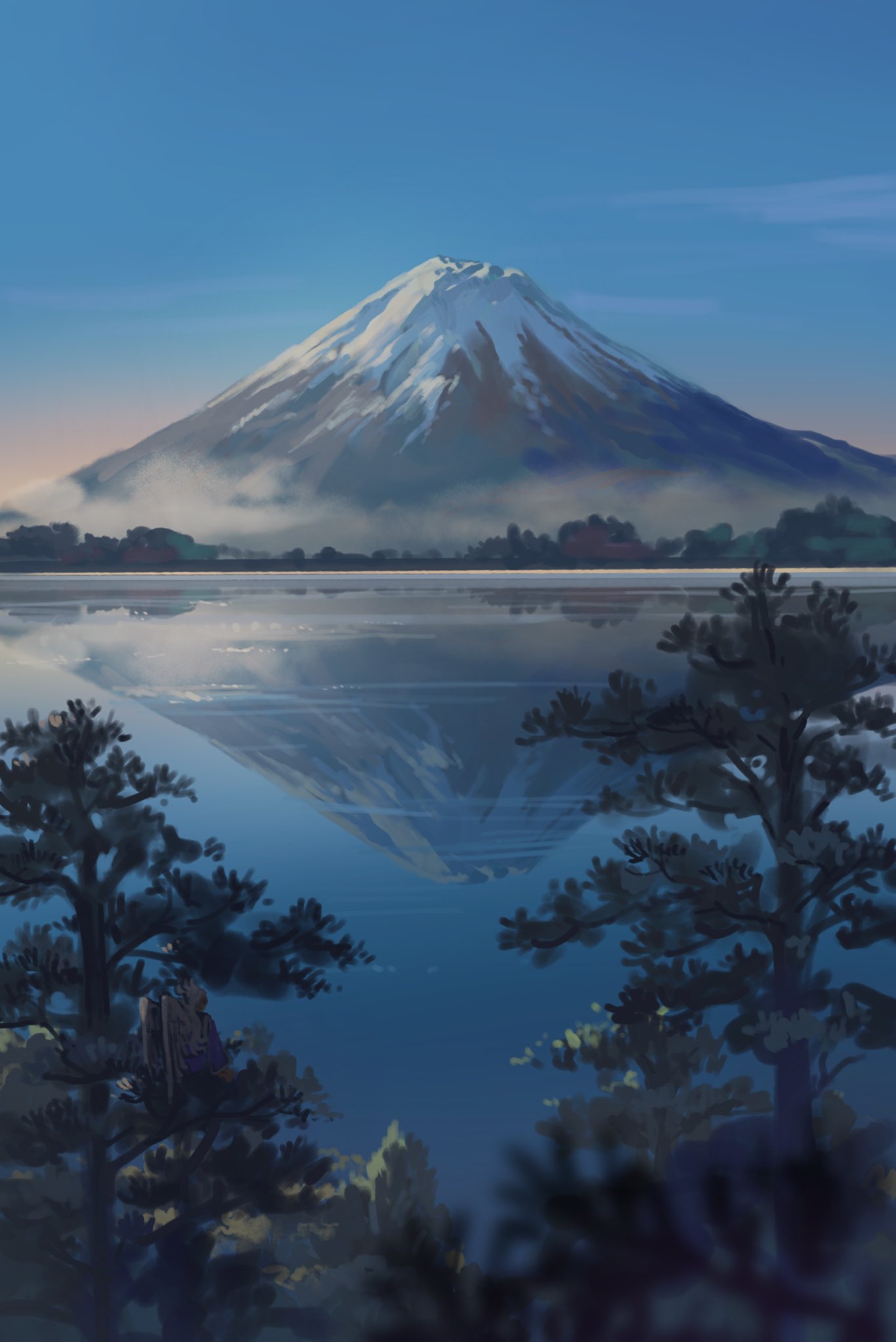 blue_sky blurry blurry_foreground commentary_request day highres lake landscape mount_fuji mountain nature no_humans original outdoors reflection reflective_water scenery sky tree water zbntime