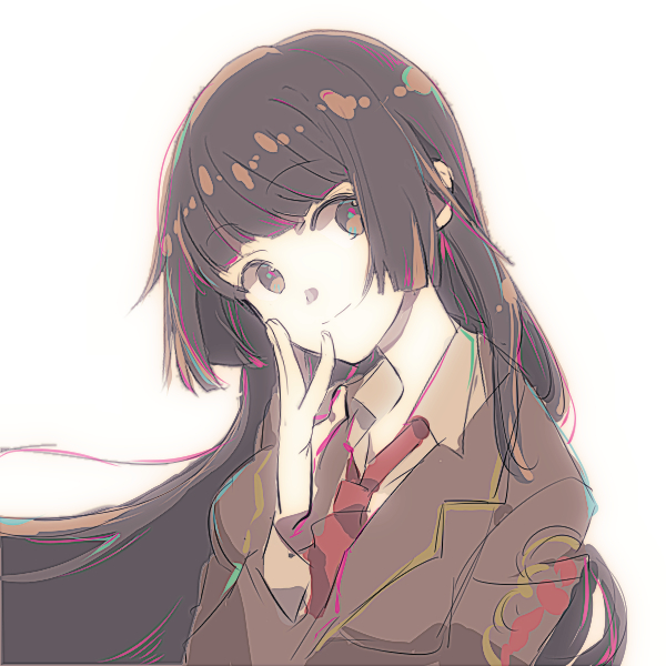 1girl black_eyes black_hair closed_mouth collared_shirt commentary_request hand_on_own_face head_tilt hirahira_(omoshireegerou) light_smile long_hair looking_to_the_side necktie protagonist_2_(housamo) red_necktie school_uniform shirt simple_background solo tokyo_afterschool_summoners upper_body white_background white_shirt