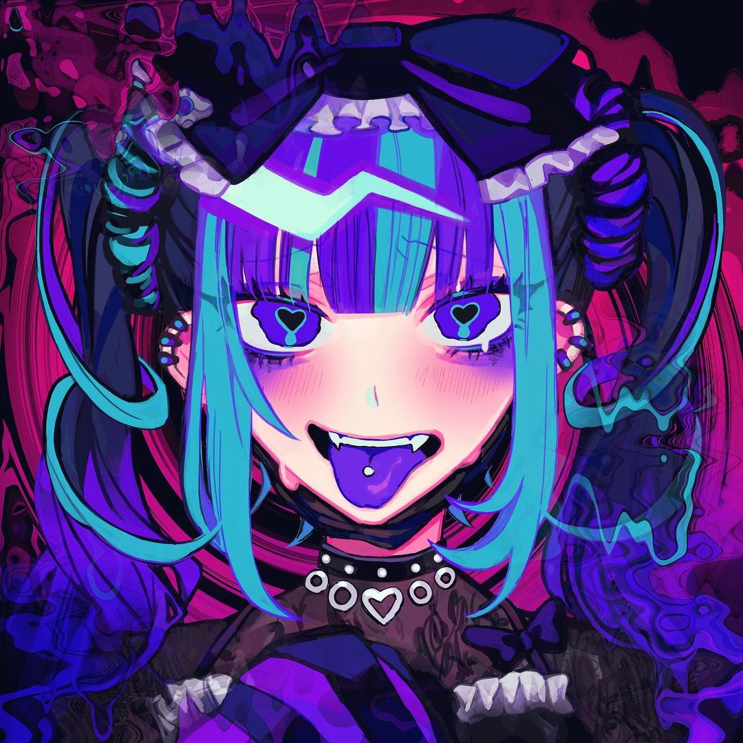 1girl album_cover aqua_hair aqua_scrunchie black_bow black_choker black_mask black_shirt black_sleeves blush borrowed_character bow choker colored_tongue cover ear_piercing fangs frilled_bow frilled_shirt frills furrowed_brow hair_bow hair_ornament hair_scrunchie heart heart-shaped_pupils himanemuitoma light_smile long_sleeves love_from_inside_the_cage mask open_mouth original piercing pink_background purple_hair purple_scrunchie purple_sleeves purple_tongue rushii_kokuyoku scrunchie see-through see-through_shirt shirt solo striped_sleeves sweat symbol-shaped_pupils teeth tongue tongue_out tongue_piercing twintails upper_body upper_teeth_only violet_eyes