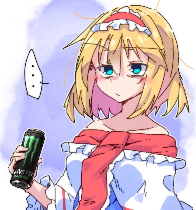... 1girl alice_margatroid blonde_hair blue_dress blue_eyes can capelet closed_mouth dondyuruma dress frilled_hairband frills hairband holding holding_can lolita_hairband messy_hair monster_energy off_shoulder red_hairband short_hair solo touhou white_capelet