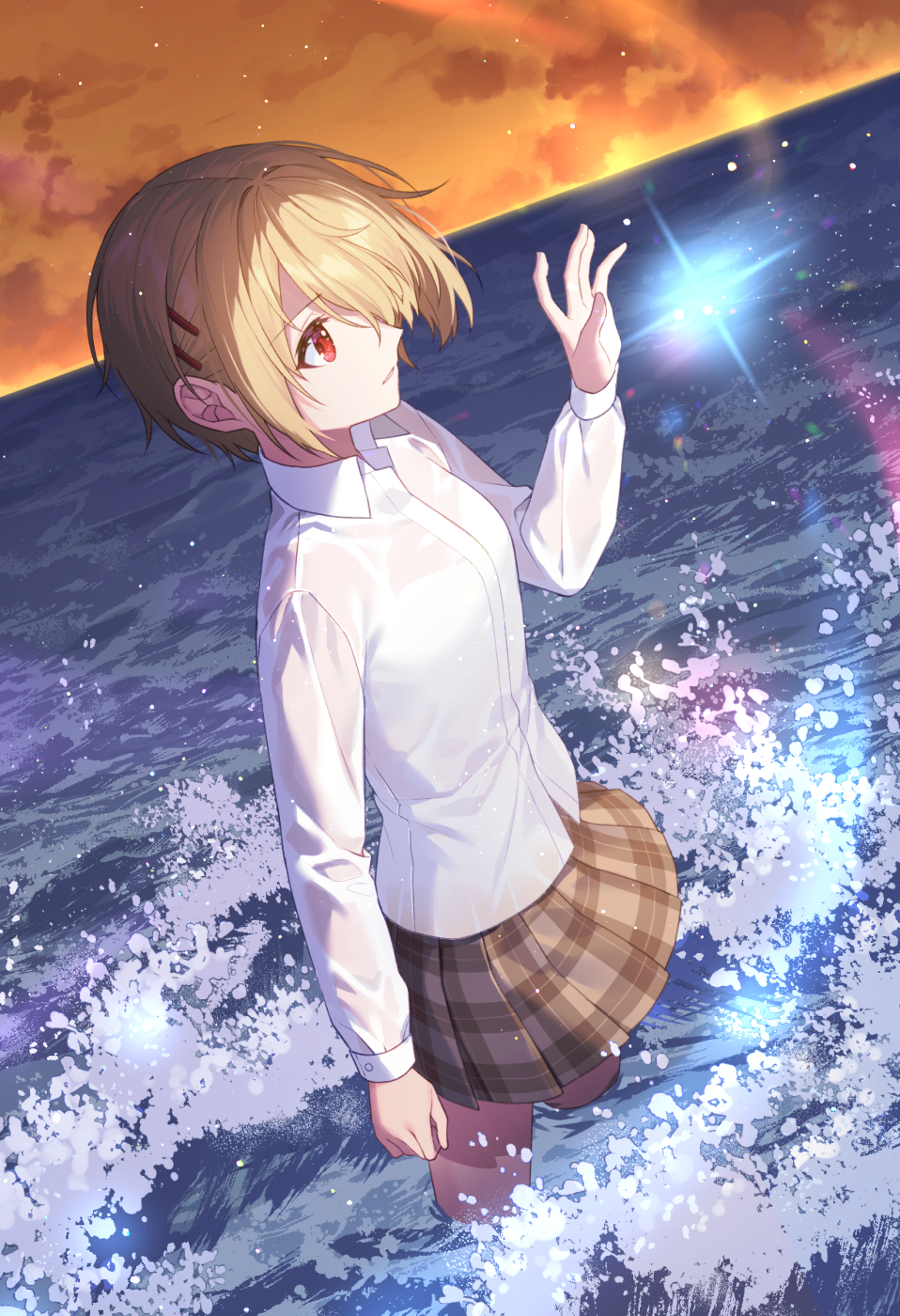 1girl arm_at_side bare_legs blonde_hair brown_skirt clouds commentary_request hair_ornament hair_over_one_eye hairclip hand_up heaven_burns_red highres horizon jenevan kayamori_ruka light_particles long_sleeves magic ocean outdoors parted_lips partially_submerged plaid plaid_skirt red_eyes school_uniform shirt short_hair sidelocks skirt sky solo splashing standing water wet wet_clothes wet_shirt white_shirt yellow_sky