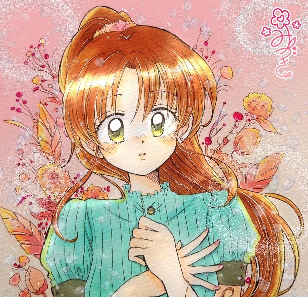 1980s_(style) 1girl aqua_dress buttons character_request copyright_request dress earrings flower fukatsuki_mizuki green_eyes hair_ornament hair_scrunchie hand_on_own_chest jewelry leaf light_particles long_hair looking_at_viewer orange_flower orange_hair parted_lips pink_background pink_scrunchie plant ponytail red_flower retro_artstyle scrunchie short_sleeves solo stud_earrings upper_body