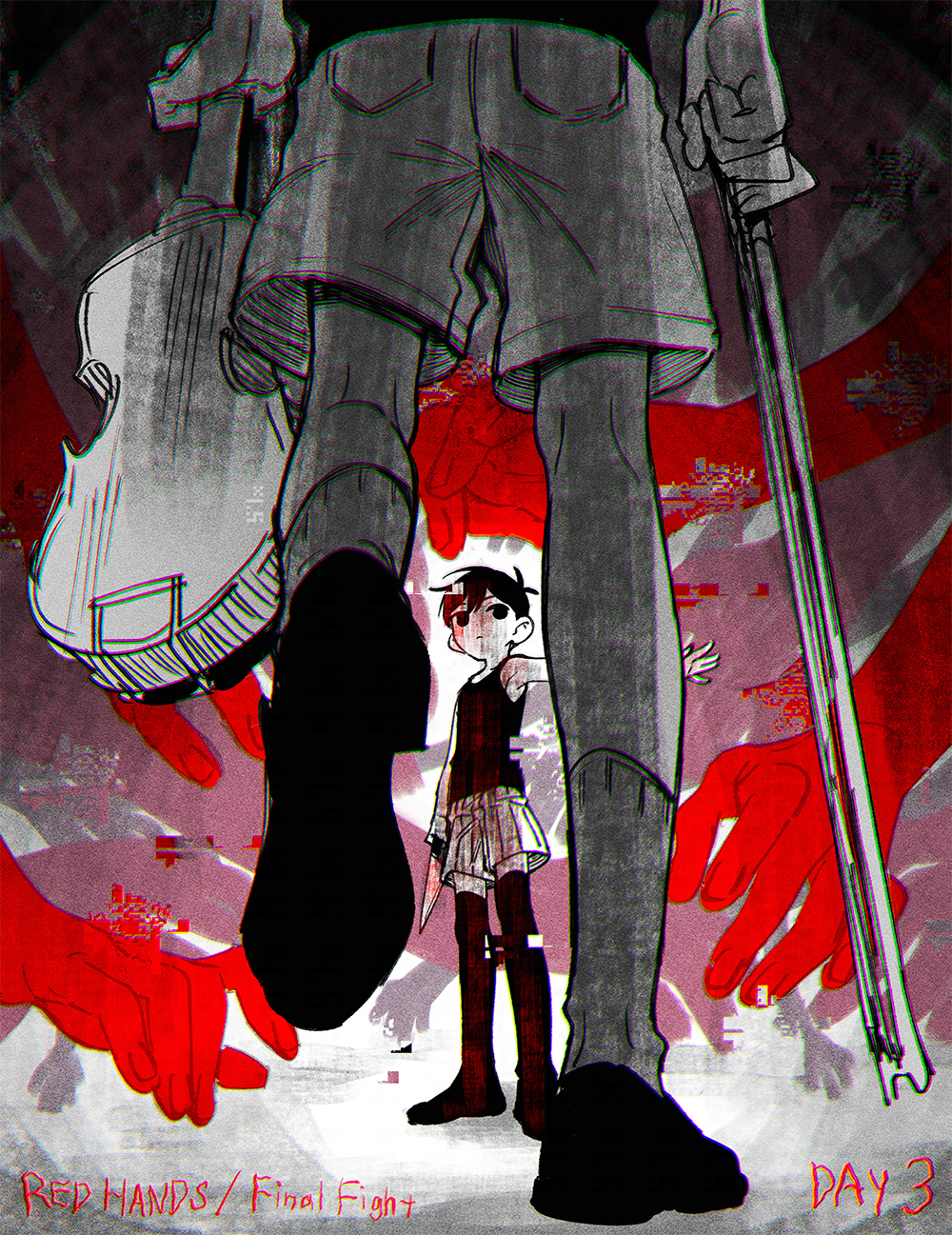 2boys abstract_background arms_at_sides battle black_eyes black_footwear black_hair black_tank_top black_thighhighs chromatic_aberration commentary_request distortion dual_persona duel expressionless fighting_stance ghost_hands glitch highres holding holding_instrument holding_knife instrument kneehighs knife limited_palette loafers male_focus multiple_boys no_shoes omori omori_(omori) out_of_frame outstretched_arm shoes short_hair shorts socks standing striped_clothes striped_shorts sunny_(omori) tank_top thigh-highs toastytoast violin walking white_shorts white_socks