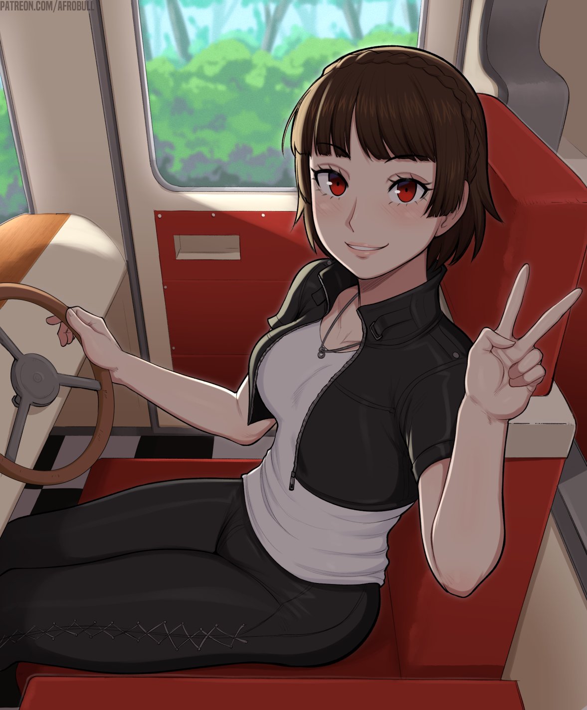 1girl afrobull blunt_bangs blush braid breasts brown_hair car collar commentary crop_top crown_braid driving english_commentary highres jewelry looking_at_viewer medium_breasts motor_vehicle necklace niijima_makoto persona persona_5 persona_5_scramble:_the_phantom_strikers red_eyes short_hair smile solo v