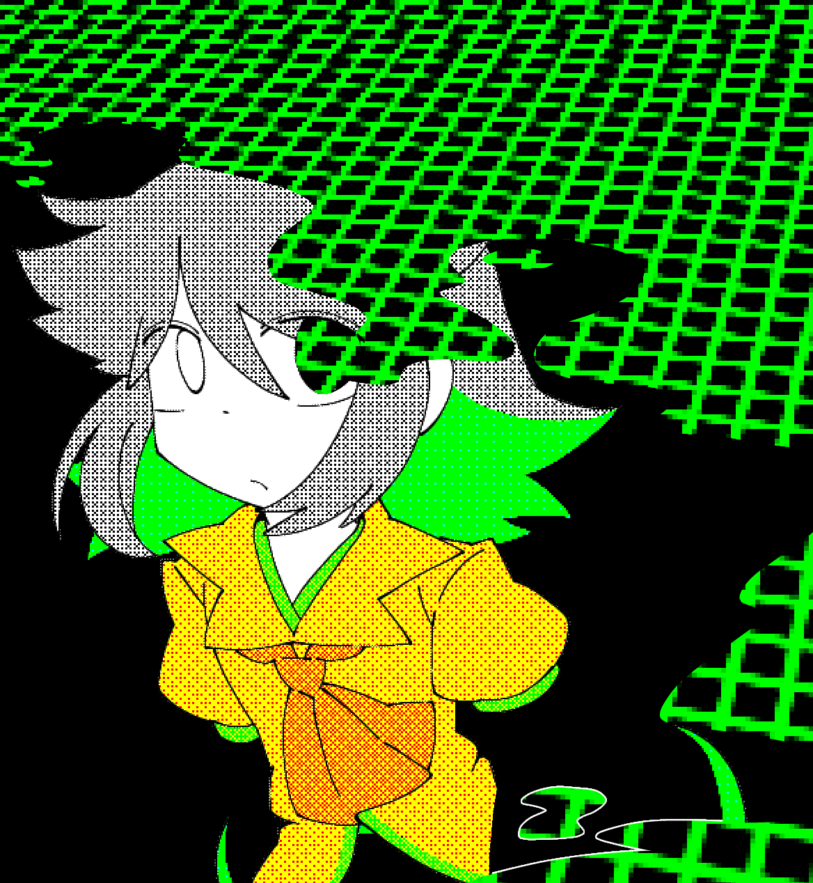 1other androgynous armband black_background closed_mouth coat dithering green_trim grey_eyes grey_hair grid highres houlen_yabusame layered_sleeves len'en long_sleeves other_focus priswocaer shirt short_hair short_over_long_sleeves short_sleeves yellow_armband yellow_shirt