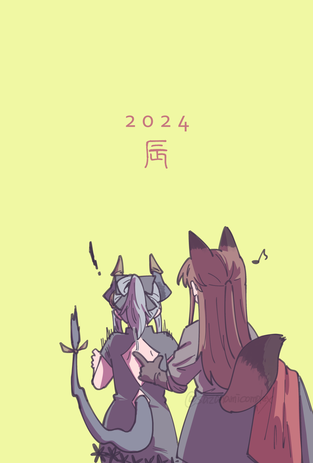 ! 2024 2girls animal_ears arknights back_cutout black_bow black_dress black_horns black_shirt black_skirt black_tail bow brown_gloves brown_hair brown_horns brown_tail clothing_cutout commentary_request dragon_girl dragon_horns dragon_tail dress eighth_note facing_away flinch fox_ears fox_girl fox_tail franka_(arknights) from_behind gloves grey_hair hair_bow hand_on_another's_back haruichi_(sazanami_complex) highres holding holding_clothes horns liskarm_(arknights) long_hair medium_hair motion_lines multiple_girls musical_note ponytail shirt short_sleeves simple_background skirt standing surprised tail tail_raised twitching twitter_username unworn_clothes watermark yellow_background