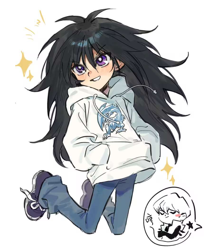 2boys alternate_costume black_footwear black_hair blue-eyes_white_dragon blue_pants blush_stickers bright_pupils chibi chibi_inset child closed_eyes commentary_request crossed_arms denim full_body grin hands_in_pockets happy hood hoodie jeans kaiba_mokuba kaiba_seto light_blush light_smile long_hair looking_to_the_side male_focus multiple_boys pants partially_colored rock_2532 shoes short_hair simple_background smile sneakers solo_focus sparkle star_(symbol) translation_request violet_eyes white_background white_hoodie yu-gi-oh! yu-gi-oh!_duel_monsters