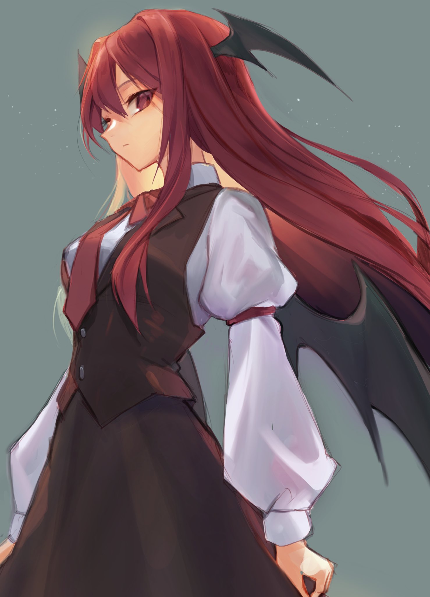 1girl arms_at_sides bat_wings black_skirt black_vest breasts closed_mouth cowboy_shot expressionless grey_background hair_between_eyes head_wings highres juliet_sleeves koakuma light_particles long_hair long_sleeves looking_at_viewer medium_breasts no_pupils orchid_(pixiv3730518) profile puffy_sleeves red_eyes redhead shirt sidelocks sideways_glance simple_background skirt solo standing touhou vest white_shirt wings