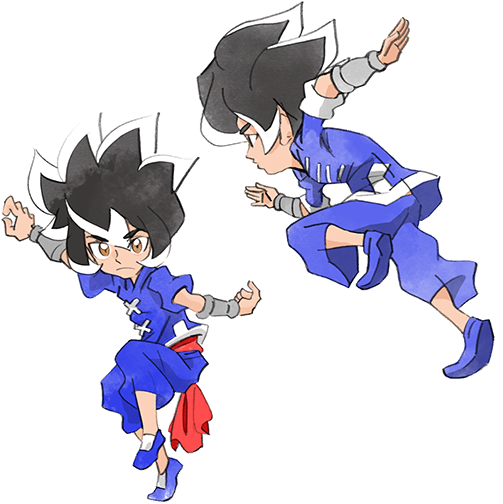 1boy black_hair blue_footwear blue_pants blue_shirt chinese_clothes fighting_stance looking_at_viewer martial_arts multicolored_hair multiple_views official_art pants shirt takeuchi_kou third-party_source two-tone_hair warioware warioware:_get_it_together! young_cricket