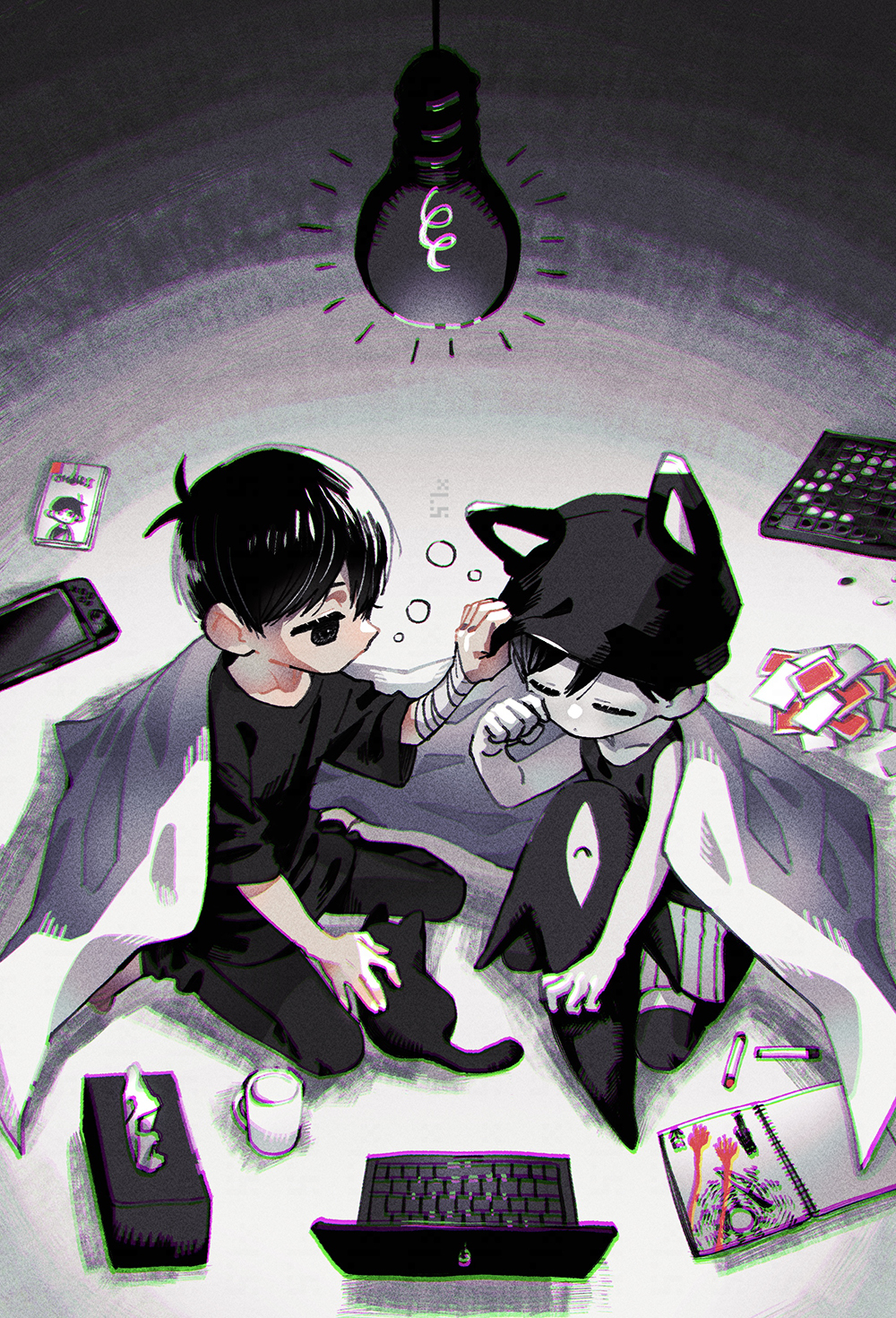 2boys animal_hat antenna_hair bandaged_arm bandages black_cat black_eyes black_hair black_headwear black_pants black_shirt black_tank_top black_thighhighs card cat cat_hat checkers_piece chessboard child chromatic_aberration closed_eyes colored_skin computer crayon cup drawing_(object) dual_persona expressionless from_above full_body hand_on_another's_headwear hand_on_headwear hand_up hat highres indoors laptop looking_at_another male_focus mug multiple_boys nintendo_switch omori omori_(omori) on_floor pants playing_card rubbing_eyes shared_blanket shirt short_hair short_sleeves shorts sitting sketchbook sleep_bubble sleepy something_(omori) striped_clothes striped_shorts sunny_(omori) t-shirt tank_top thigh-highs tissue_box toastytoast under_covers wariza white_shorts white_skin