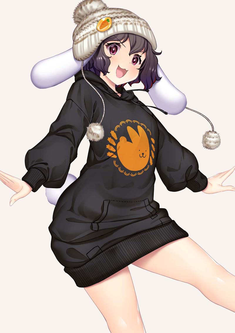 1girl :3 alternate_costume animal_ears badge beanie black_hair black_hoodie blush breasts brown_headwear button_badge carrot_pin commentary_request cowboy_shot floppy_ears hat hataraki_kuma hood hoodie inaba_tewi looking_at_viewer medium_bangs no_pants open_mouth pom_pom_(clothes) rabbit_ears rabbit_girl rabbit_tail short_hair simple_background small_breasts smile solo tail touhou v-shaped_eyebrows white_background