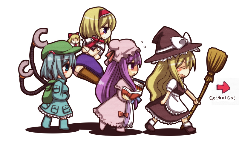 4girls alice_margatroid ame_(candycircle) apron arrow_(symbol) backpack bag black_skirt blonde_hair blue_dress blue_eyes blue_hair blush book boots bow broom capelet closed_mouth commentary doll dress flat_cap flying_sweatdrops frilled_hairband frills green_bag green_headwear hair_bobbles hair_bow hair_ornament hairband hat hat_bow holding holding_book holding_broom kawashiro_nitori kirisame_marisa lolita_hairband long_hair mob_cap multiple_girls open_mouth patchouli_knowledge purple_hair red_bow red_hairband rubber_boots shadow shanghai_doll shoes short_hair short_sleeves skirt smile striped_clothes striped_dress subterranean_animism touhou vertical-striped_clothes vertical-striped_dress very_long_hair violet_eyes waist_apron white_bow white_capelet witch_hat