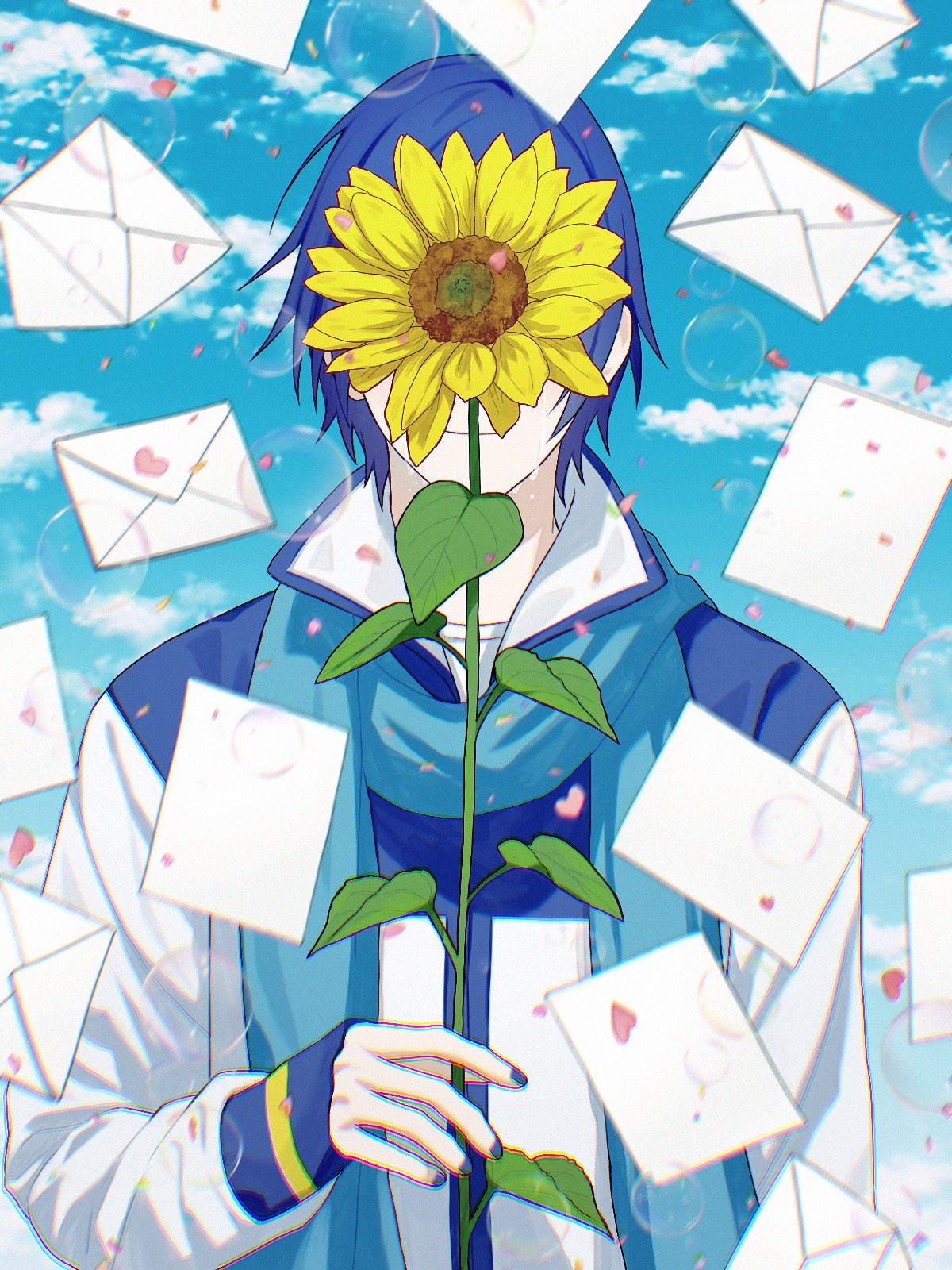 1boy arm_at_side blue_coat blue_hair blue_nails blue_scarf blue_sky bubble chromatic_aberration closed_mouth clouds cloudy_sky coat confetti crying dark_blue_hair day envelope fingernails flower flower_over_eyes heart high_collar highres holding holding_flower kaito_(vocaloid) leaf letter male_focus multicolored_coat outdoors parted_bangs samecan scarf single_horizontal_stripe sky smile standing streaming_tears sunflower tears too_many too_many_letters two-tone_coat upper_body vocaloid white_coat yellow_flower
