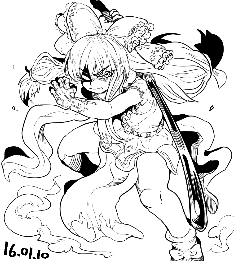 1girl arm_up borrowed_clothes bow closed_mouth cookie_(touhou) dated footwear_bow full_body greyscale hair_bow holding holding_sword holding_weapon ibuki_suika katana long_hair looking_at_viewer low-tied_long_hair medium_bangs monochrome no_horns pointy_ears shirt shoes simple_background skirt socks solo standing sword tetugakuzonbi torn_clothes torn_sleeves touhou v-shaped_eyebrows weapon yamin_(cookie)