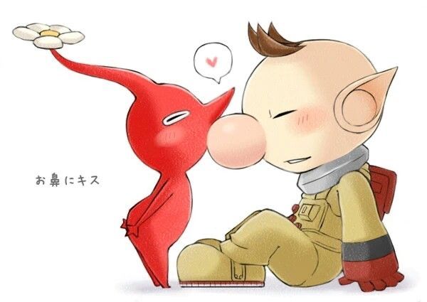 1boy backpack bad_id bad_pixiv_id bag big_nose blush brown_hair buttons closed_eyes colored_skin flower from_side full_body gloves heart kiss kissing_nose male_focus no_headwear no_mouth olimar parted_lips pikmin_(creature) pikmin_(series) pointy_ears pointy_nose red_bag red_gloves red_pikmin red_skin shadow short_hair simple_background sitting smile spacesuit spoken_heart tkykckemn very_short_hair white_background white_flower