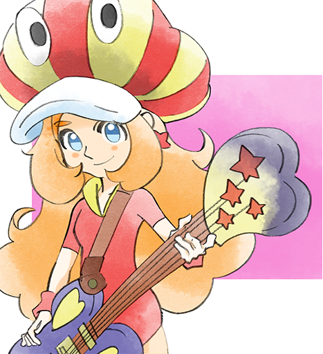 1girl bass_guitar blue_eyes dress hat holding holding_instrument instrument long_hair looking_at_viewer mona_(warioware) official_art orange_hair red_dress red_wristband smile star_(symbol) striped_clothes striped_headwear takeuchi_kou third-party_source warioware warioware:_get_it_together! wristband