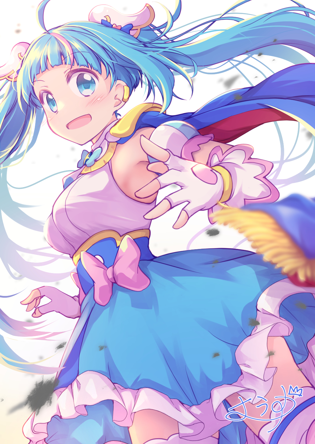 1girl artist_name blue_cape blue_dress blue_eyes blue_hair bow brooch cape commentary cowboy_shot cure_sky cut_bangs detached_sleeves dress dress_bow fingerless_gloves frilled_dress frills gloves highres hirogaru_sky!_precure jewelry long_hair looking_at_viewer magical_girl multicolored_hair muusu open_mouth precure puffy_detached_sleeves puffy_sleeves red_cape short_dress signature sleeveless sleeveless_dress smile solo sora_harewataru thigh-highs twintails two-sided_cape two-sided_fabric two-tone_dress very_long_hair white_dress white_gloves white_thighhighs wind wing_brooch wing_hair_ornament